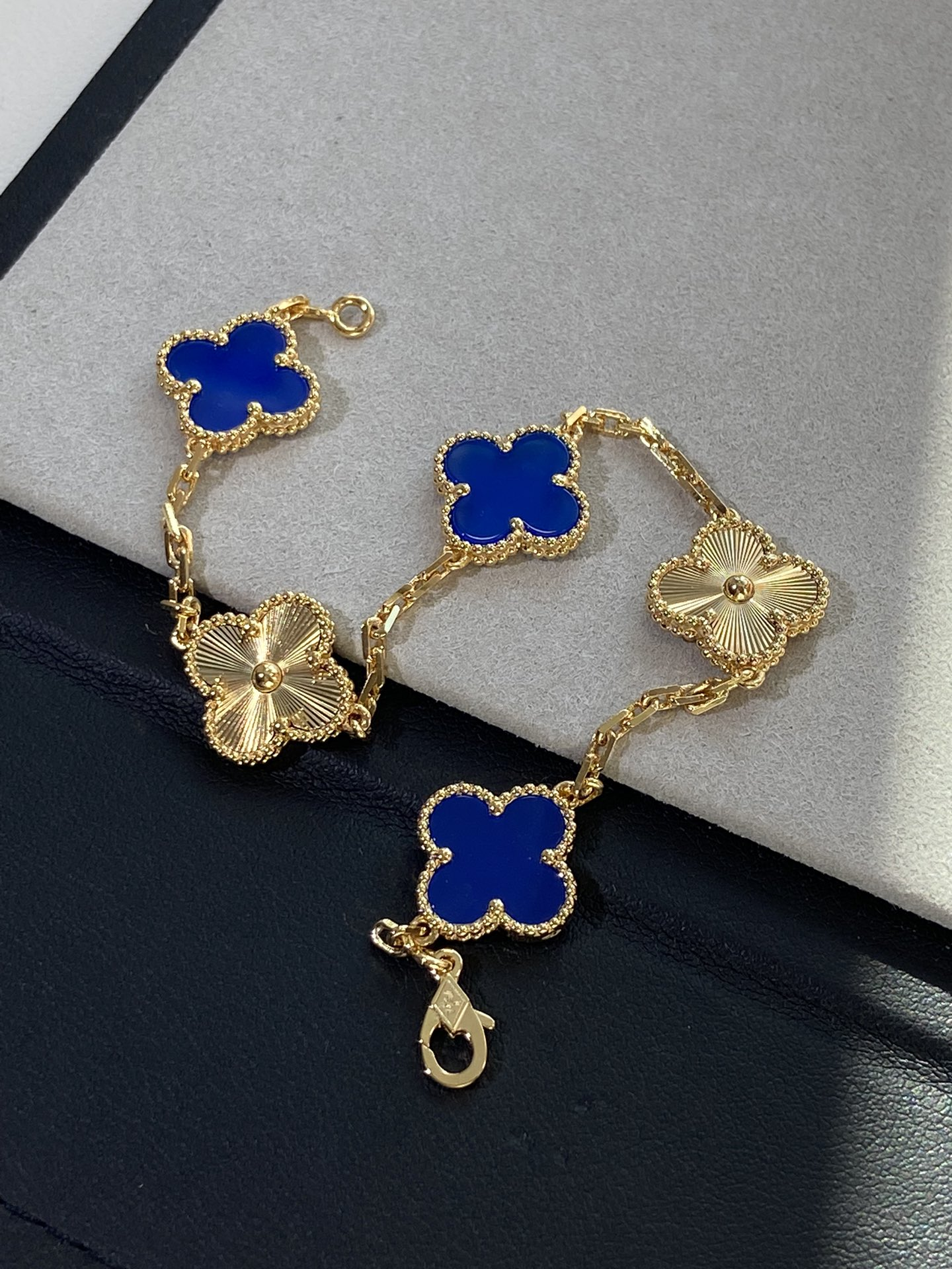 Dupe Van Cleef & Arpels Gold Guilloche and Deep Blue Agate Vintage Alhambra Bracelet 5 Motifs