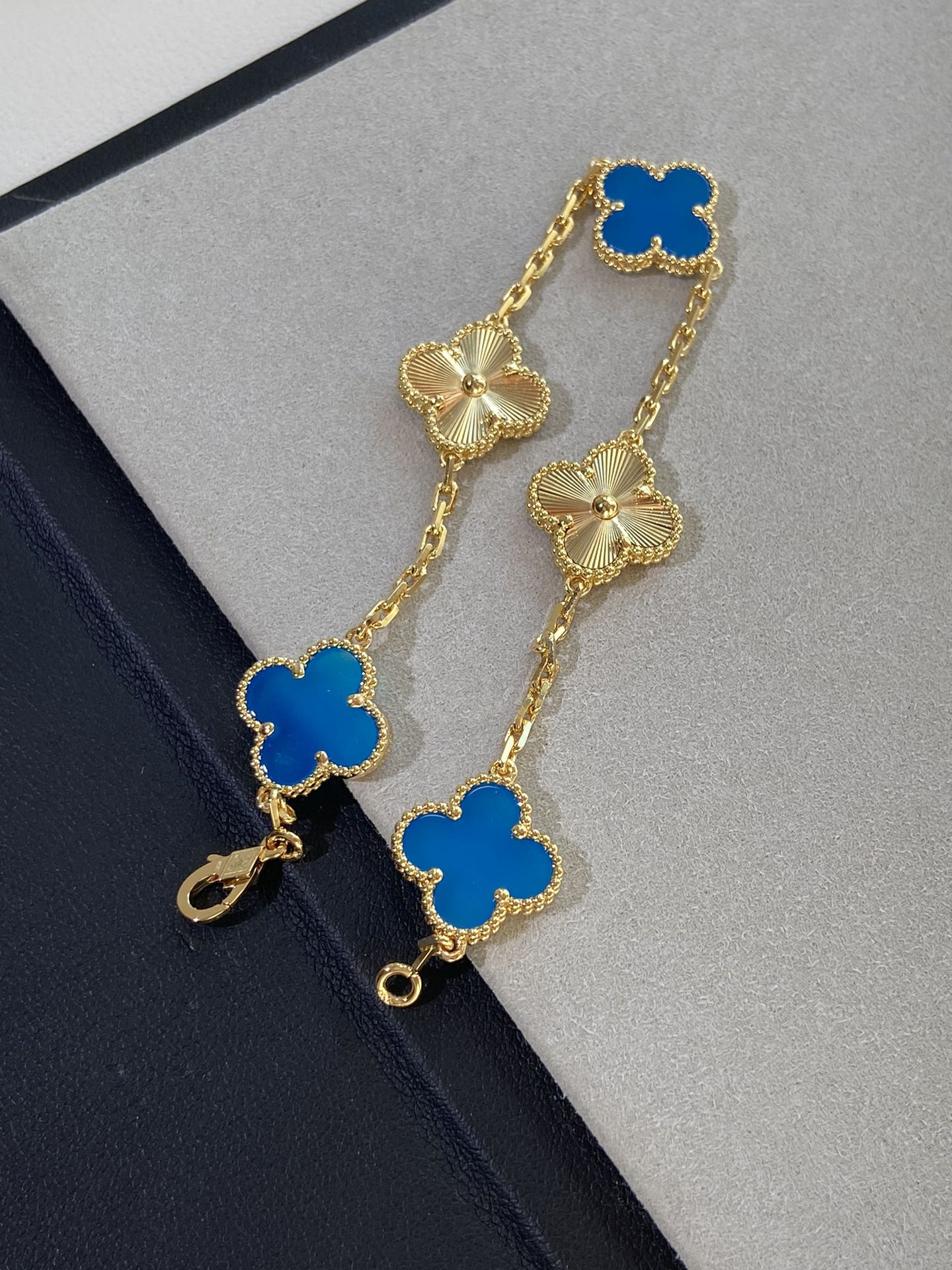 Dupe Van Cleef & Arpels Blue Agate and Gold Guilloche Clover Vintage Alhambra Bracelet 5 Motifs