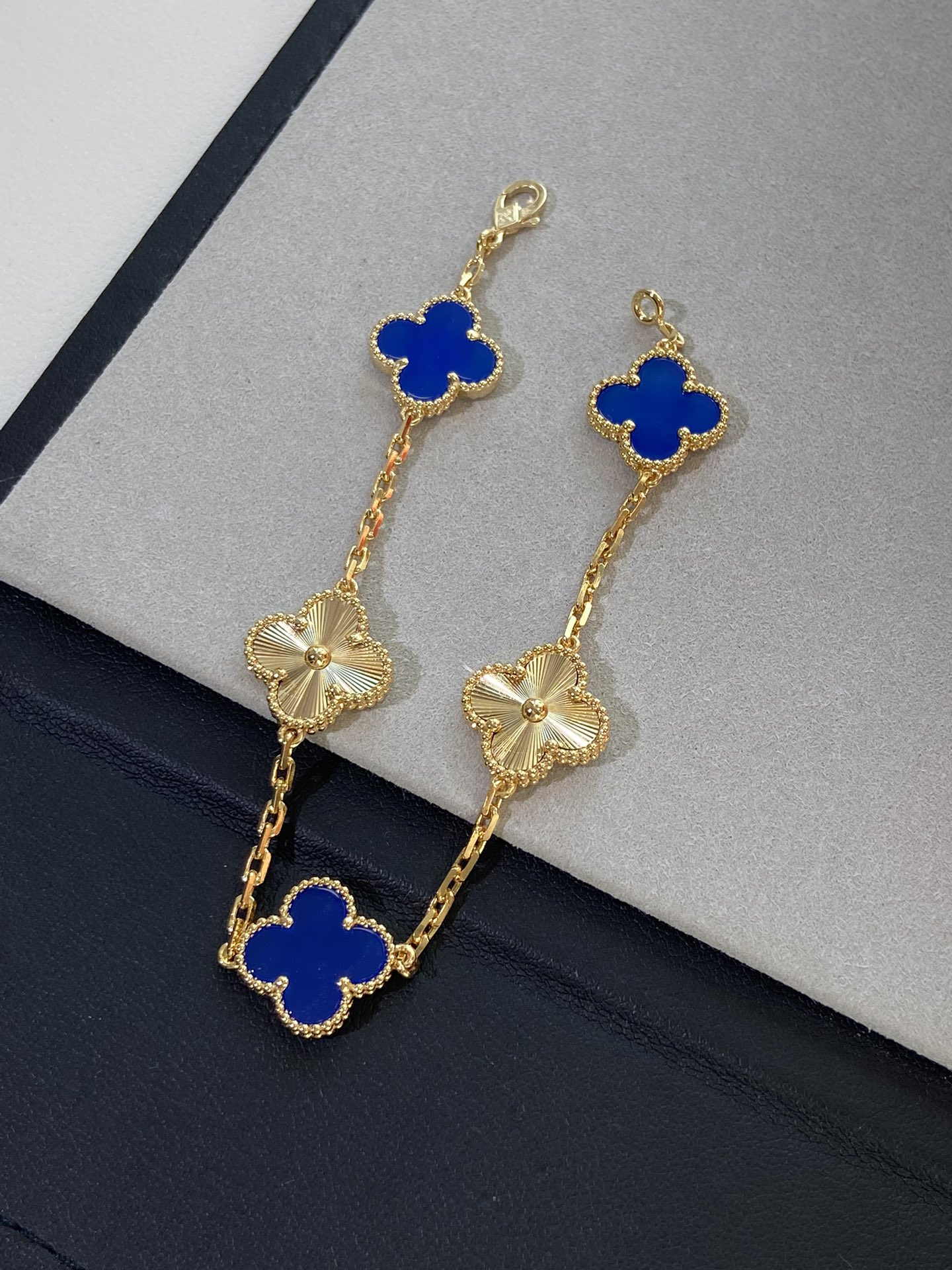 Dupe Van Cleef & Arpels Gold Guilloche and Deep Blue Agate Vintage Alhambra Bracelet 5 Motifs