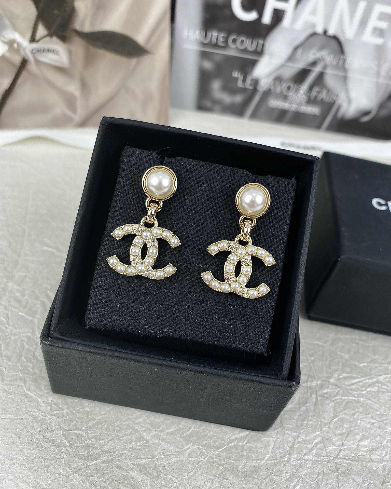 Dupe Chanel Pearl and Diamond Paved CC Dangle Earrings