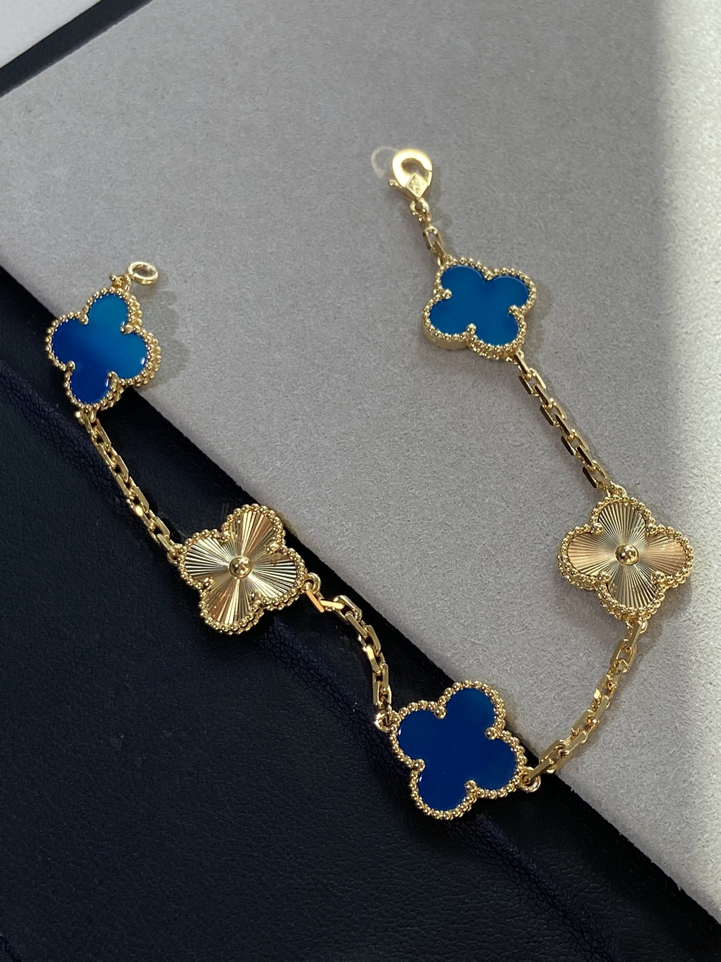 Dupe Van Cleef & Arpels Blue Agate and Gold Guilloche Clover Vintage Alhambra Bracelet 5 Motifs