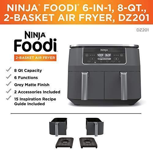 Ninja DZ201 Foodi 6in1 2Basket Air Fryer with DualZone Technology, 8Quart Capacity, and a Dark Grey Stainless Finish