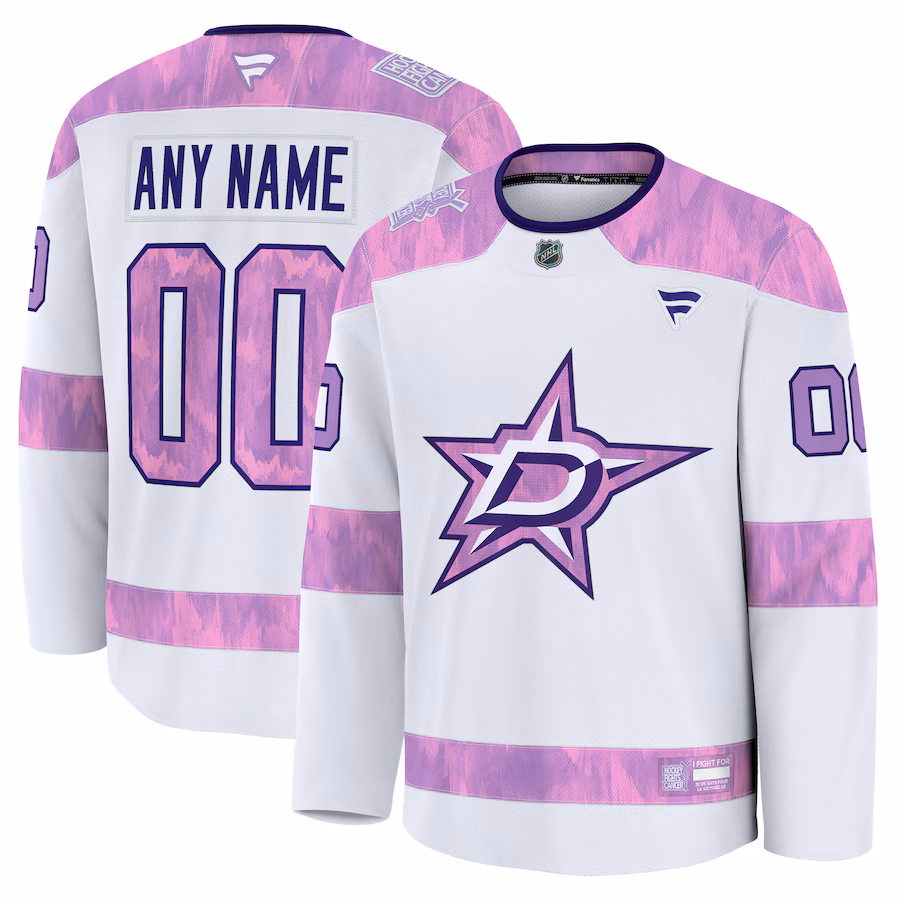 Men's Dallas Stars Fanatics White 2024 Hockey Fights Cancer Custom Practice Jersey
