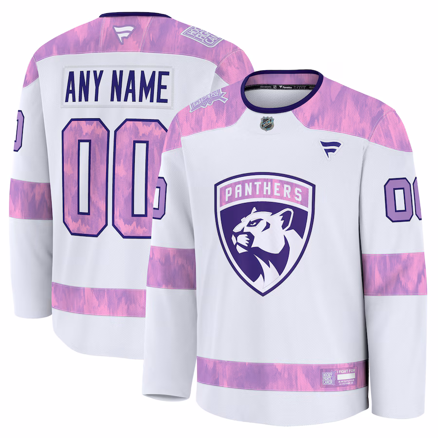 Men's Florida Panthers Fanatics White 2024 Hockey Fights Cancer Custom Practice Jersey