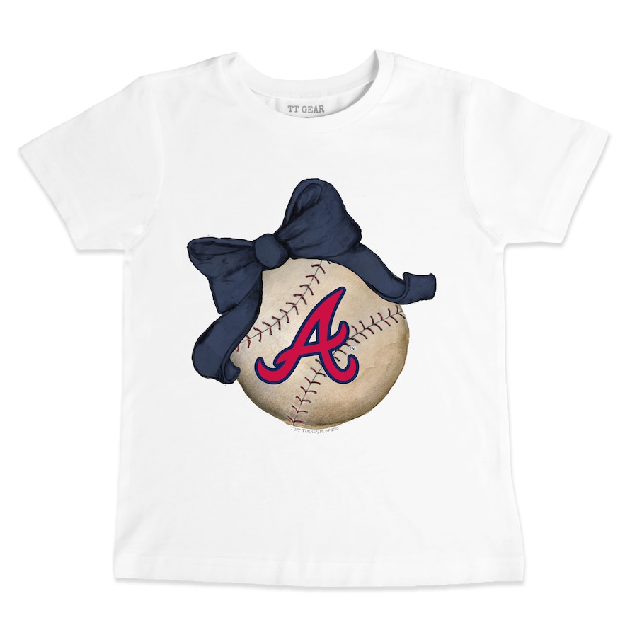 Youth Atlanta Braves Tiny Turnip White Baseball Bow T-Shirt