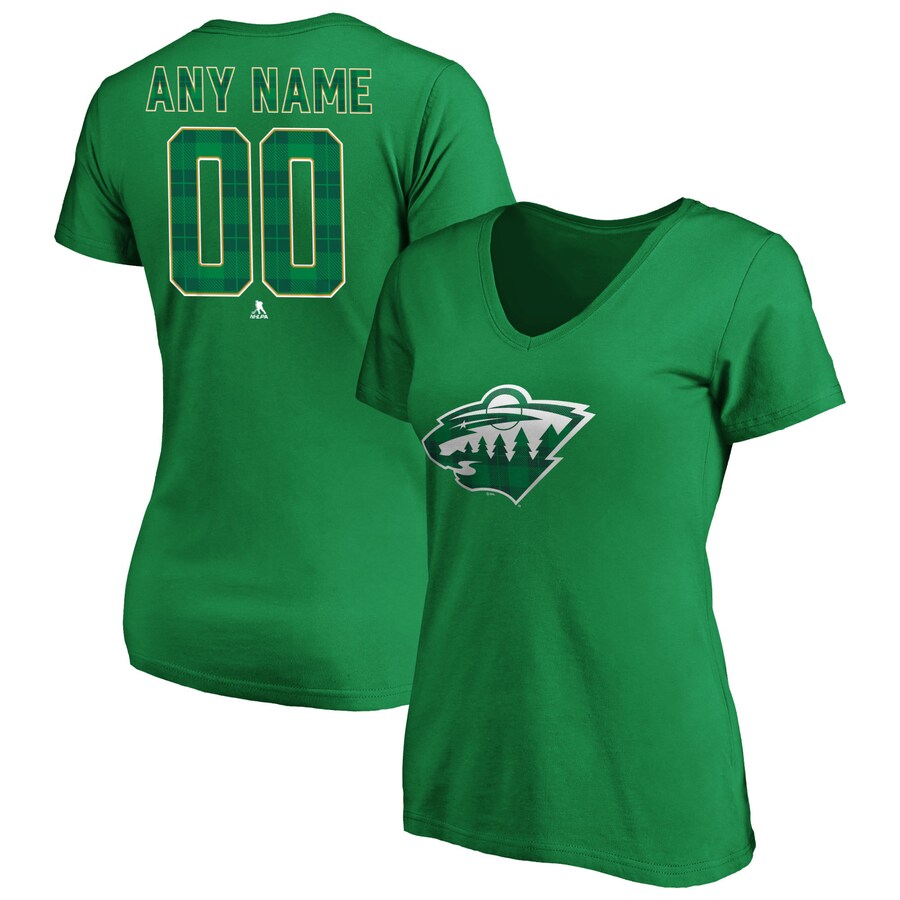 Women's Minnesota Wild Green Emerald Plaid Personalized Name & Number V-Neck T-Shirt