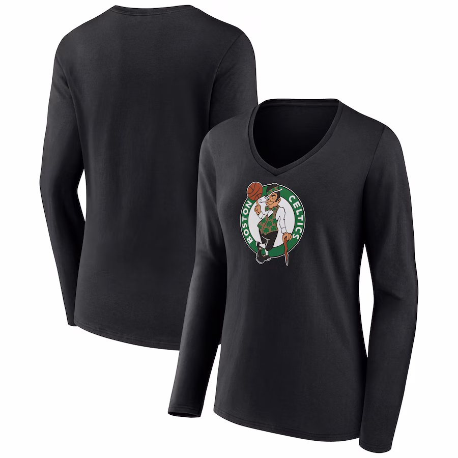 Women's Boston Celtics Black Primary Logo Long Sleeve V-Neck T-Shirt