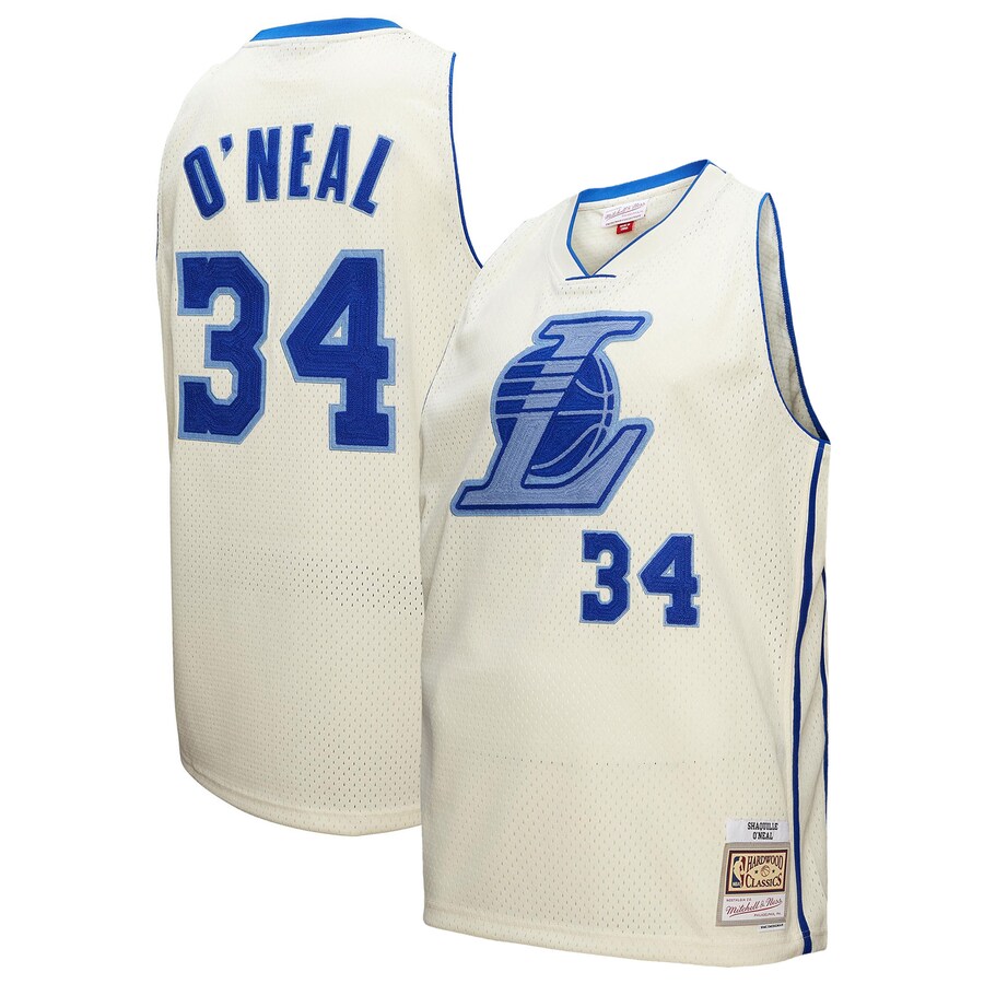 Men's Los Angeles Lakers Shaquille O'Neal Mitchell & Ness Cream Chainstitch Swingman Jersey