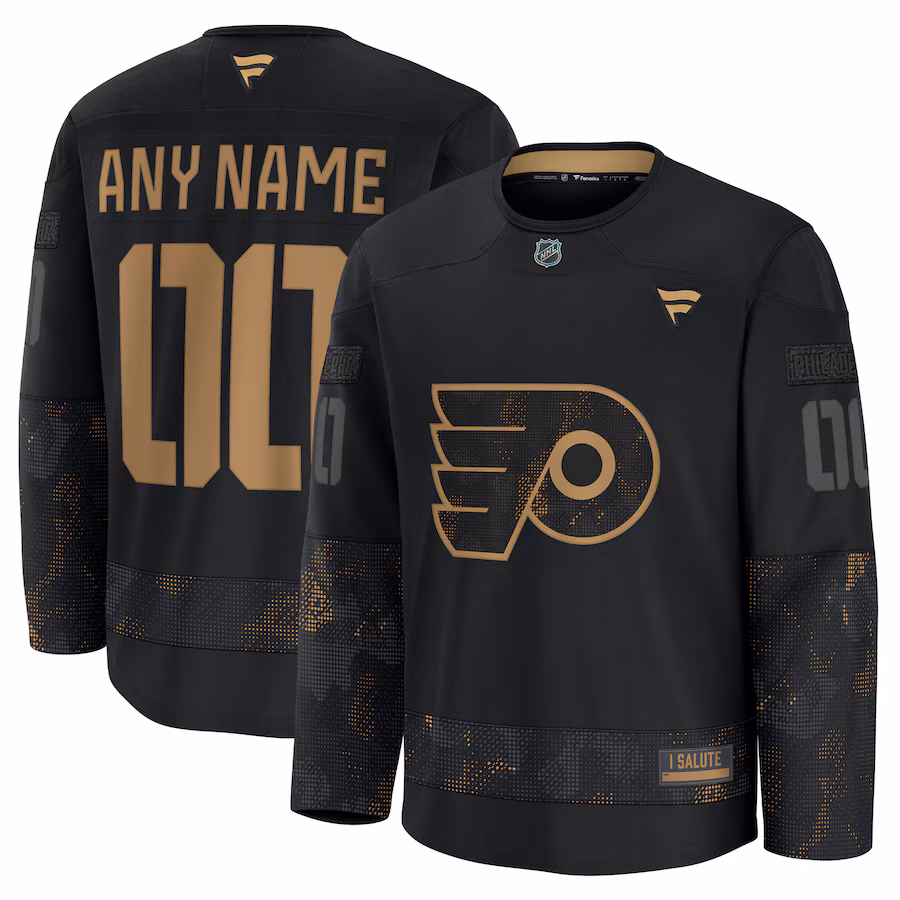 Men's Philadelphia Flyers Fanatics Black 2024 Military Appreciation Personalized Long Sleeve Practice Jersey