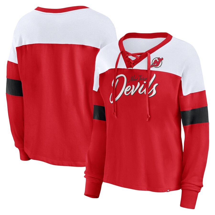 Women's New Jersey Devils Fanatics Red Take the Shot Long Sleeve Lace-Up V-Neck T-Shirt