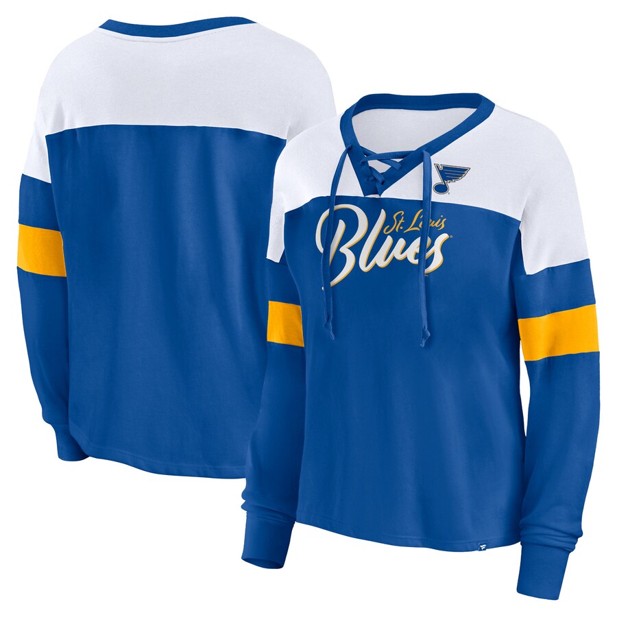 Women's St. Louis Blues Fanatics Blue Take the Shot Long Sleeve Lace-Up V-Neck T-Shirt