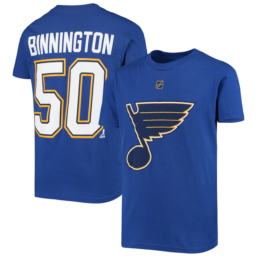 Youth St. Louis Blues Jordan Binnington Royal Player Name & Number T-Shirt