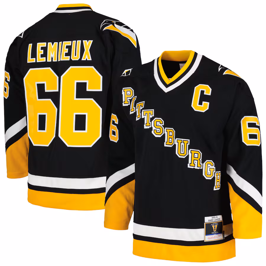 Men's Pittsburgh Penguins Mario Lemieux Mitchell & Ness Black 1992/93 Blue Line Player Jersey