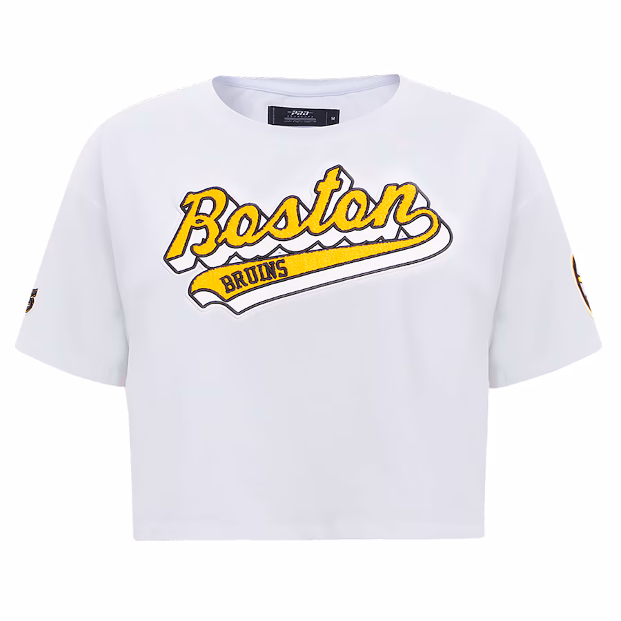 Women's Boston Bruins Pro Standard White Boxy Script Tail Cropped T-Shirt