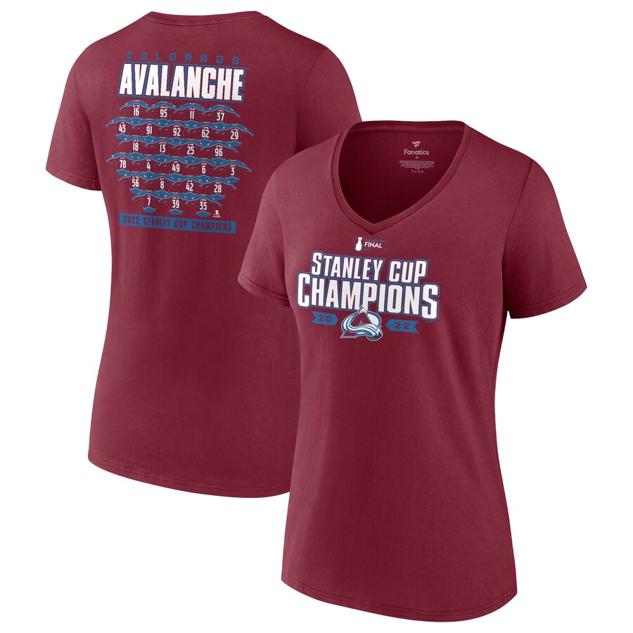 Women's Colorado Avalanche Fanatics Burgundy 2022 Stanley Cup Champions Jersey Roster V-Neck T-Shirt