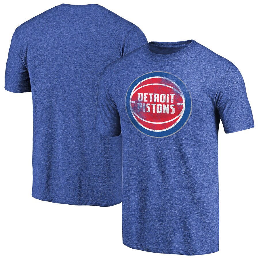 Men's Detroit Pistons Heathered Blue Distressed Team Logo II Tri-Blend V-Neck T-Shirt