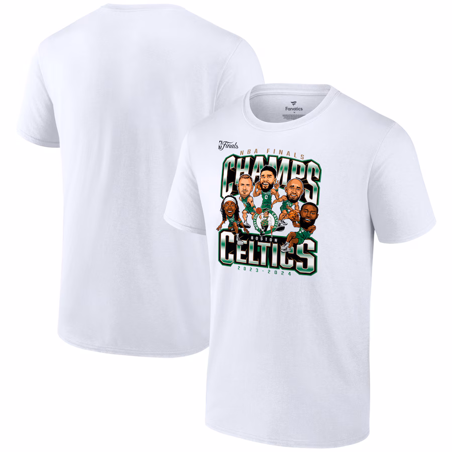 Men's Boston Celtics Fanatics White 2024 NBA Finals Champions Pull Up Jumper Caricature T-Shirt