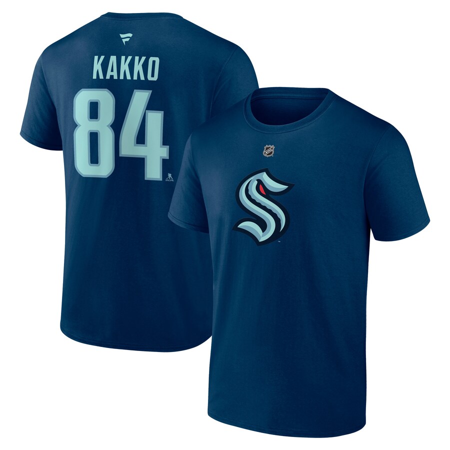 Men's Seattle Kraken Kaapo Kakko Fanatics Deep Sea Blue Authentic Stack Name & Number T-Shirt