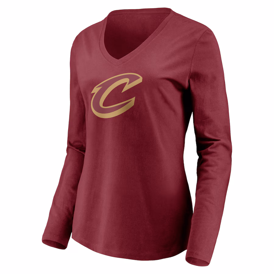 Women's Cleveland Cavaliers Wine Primary Logo Team Long Sleeve V-Neck T-Shirt
