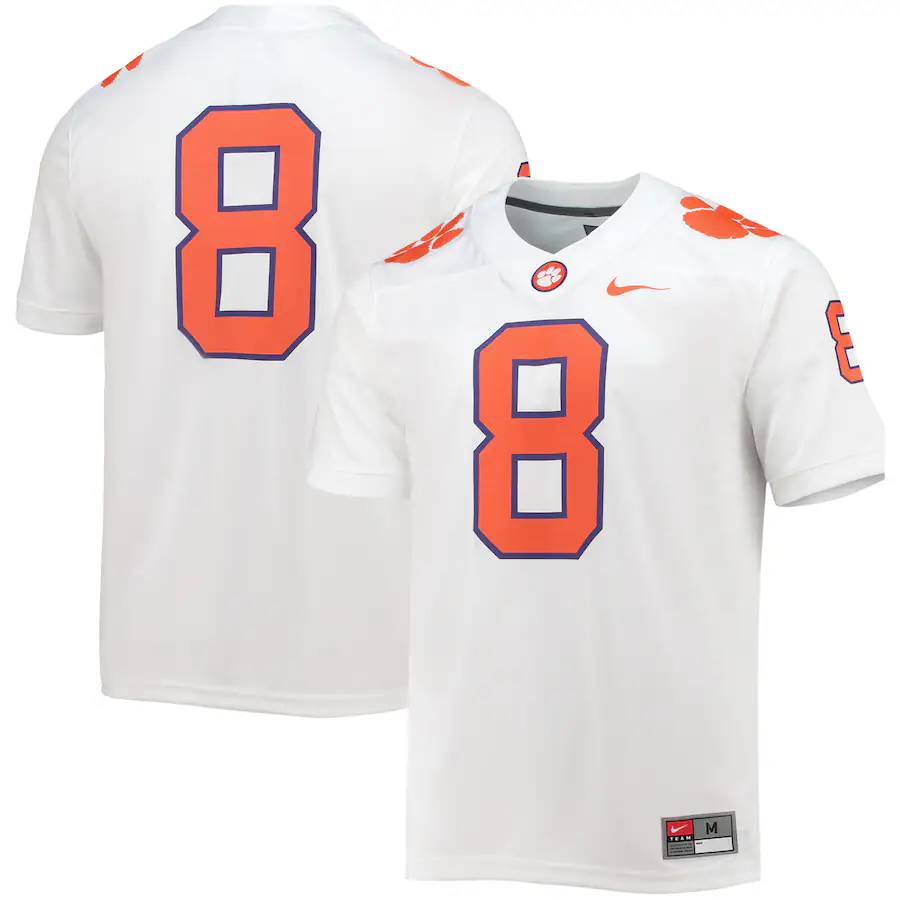 Men's Nike #8 White Clemson Tigers Game Jersey