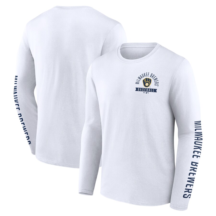 Men's Milwaukee Brewers Fanatics White Press Box Long Sleeve T-Shirt
