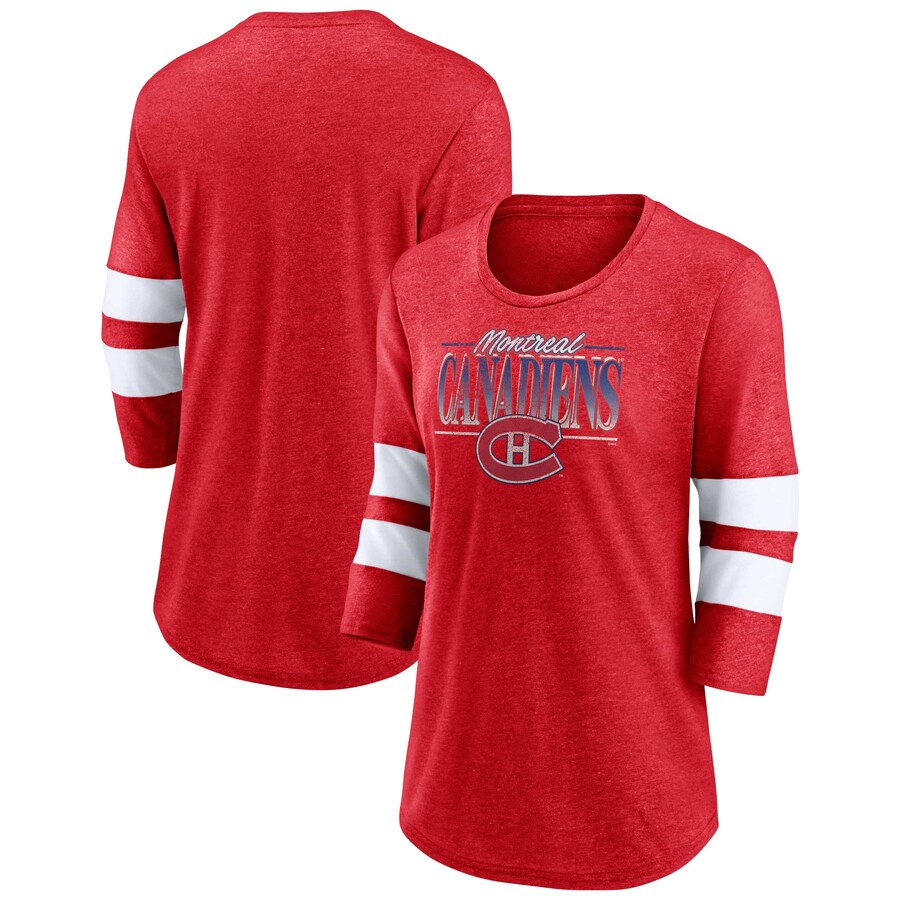 Women's Montreal Canadiens Fanatics Heathered Red/White Full Shield 3/4-Sleeve Tri-Blend Raglan Scoop Neck T-Shirt