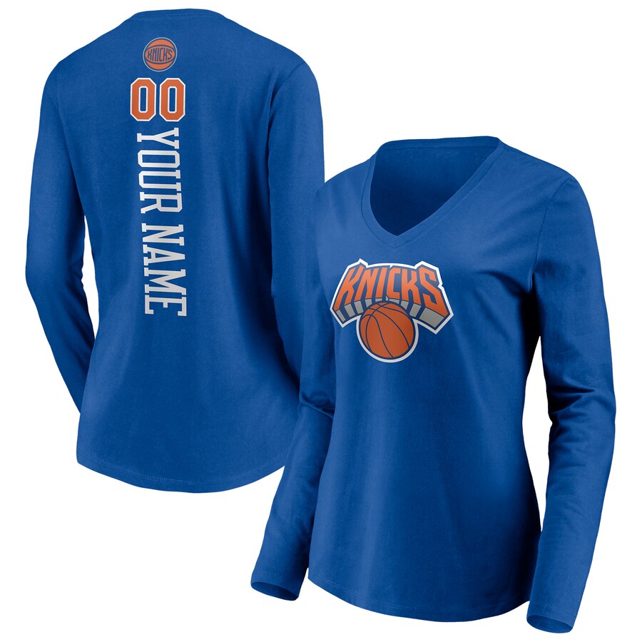 Women's New York Knicks Blue Playmaker Personalized Name & Number Long Sleeve V-Neck T-Shirt
