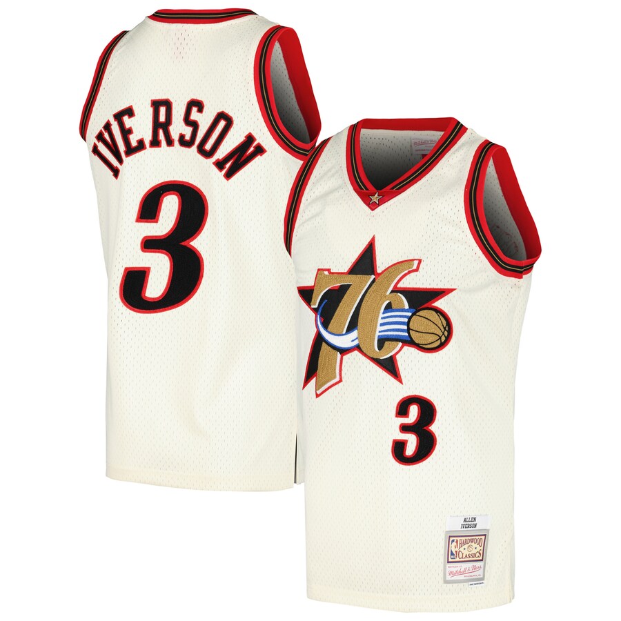 Men's Philadelphia 76ers Allen Iverson Mitchell & Ness Cream Chainstitch Swingman Jersey