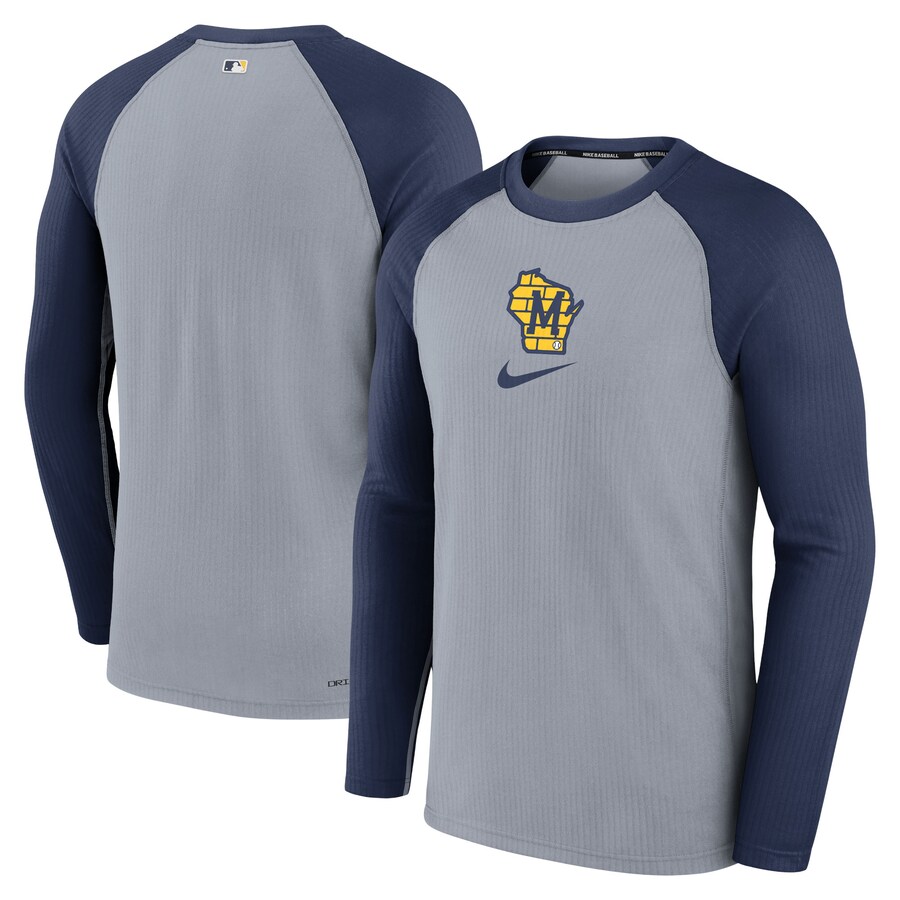 Men's Milwaukee Brewers Nike Gray Authentic Collection Game Raglan Performance Long Sleeve T-Shirt