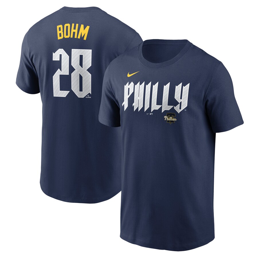 Men's Philadelphia Phillies Alec Bohm Nike Navy 2024 City Connect Fuse Name & Number T-Shirt