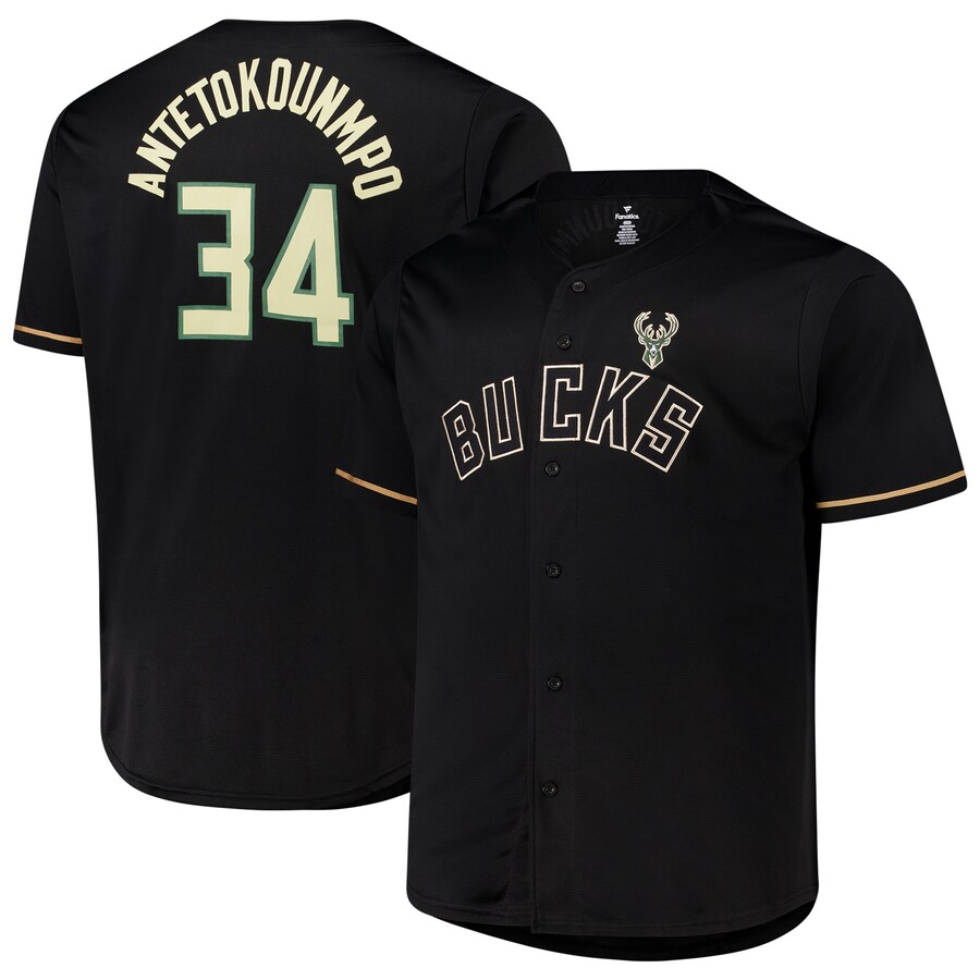 Men's Milwaukee Bucks Giannis Antetokounmpo Profile Black Big & Tall Name & Number Button-Up Jersey