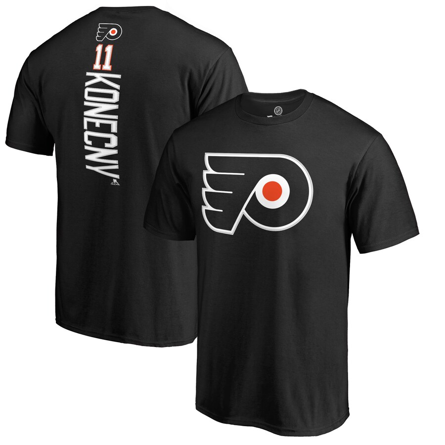 Men's Philadelphia Flyers Travis Konecny Black Team Logo Backer Name & Number T-Shirt