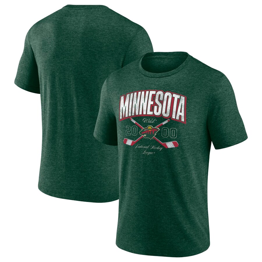 Men's Minnesota Wild Fanatics Heather Green Cross Sticks Tri-Blend T-Shirt
