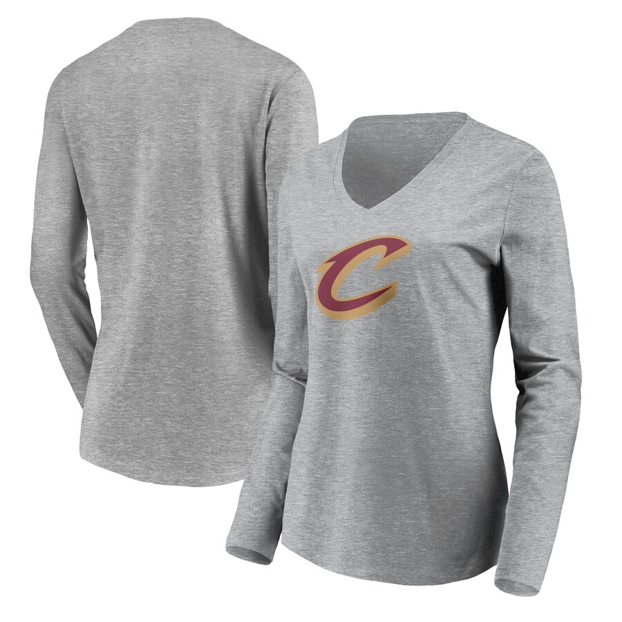 Women's Cleveland Cavaliers Heathered Gray Primary Logo Team Long Sleeve V-Neck T-Shirt