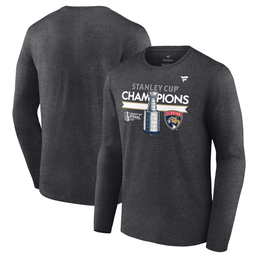 Men's Florida Panthers Fanatics Heather Charcoal 2024 Stanley Cup Champions Locker Room Long Sleeve T-Shirt
