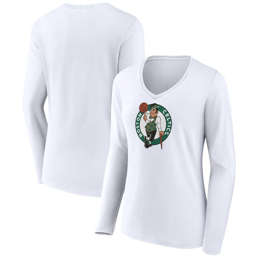 Women's Boston Celtics White Logo Long Sleeve V-Neck T-Shirt