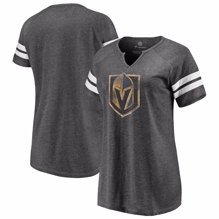 Women's Vegas Golden Knights Fanatics Heather Charcoal Distressed Logo Notch Neck T-Shirt