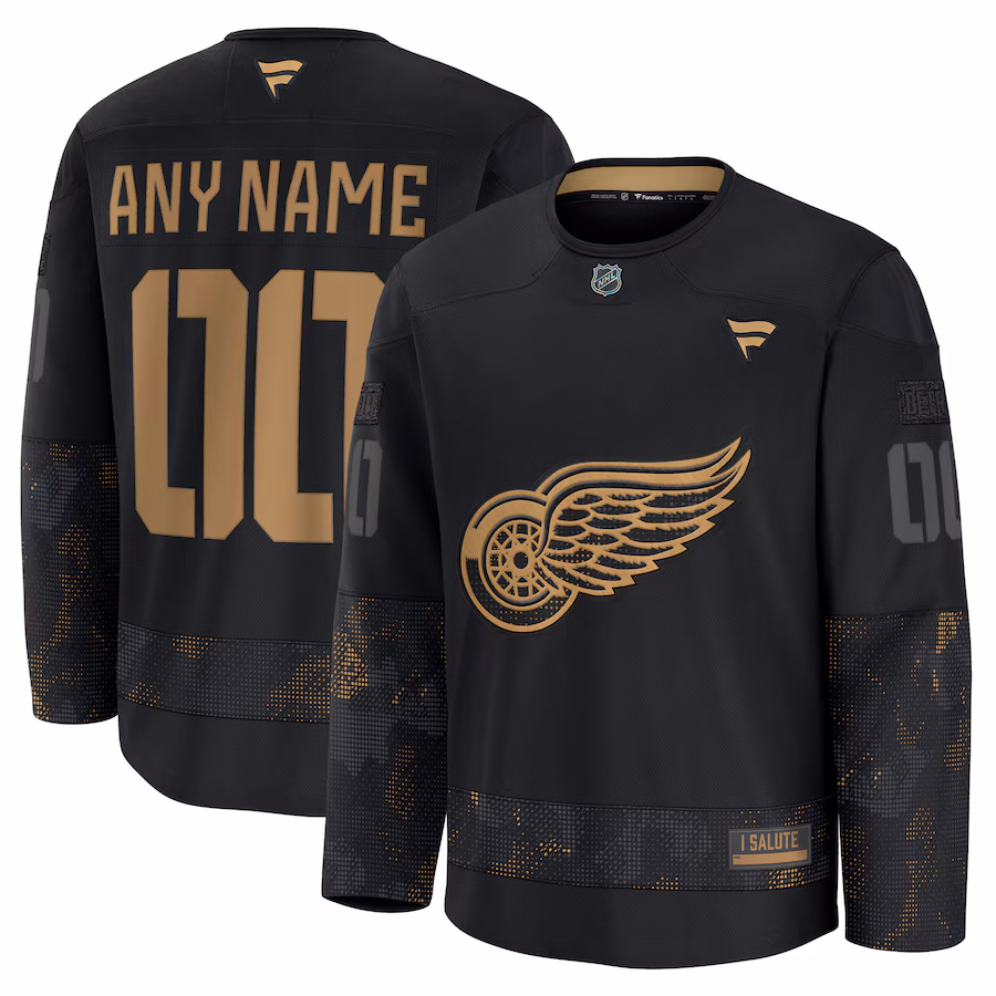 Men's Detroit Red Wings Fanatics Black 2024 Military Appreciation Personalized Long Sleeve Practice Jersey