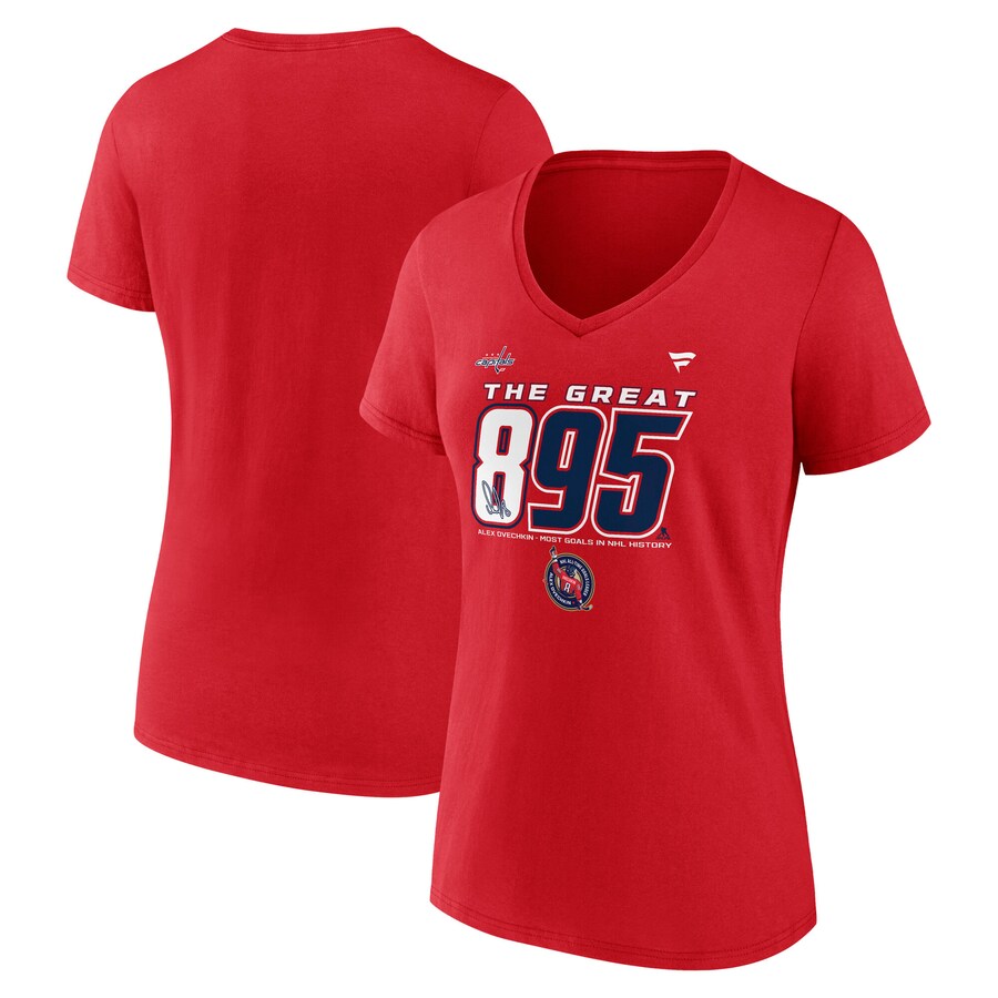 Women's Washington Capitals Alexander Ovechkin Fanatics Athletic Red NHL All-Time Leading Goal Scorer The Great 895 V-Neck T-Shirt