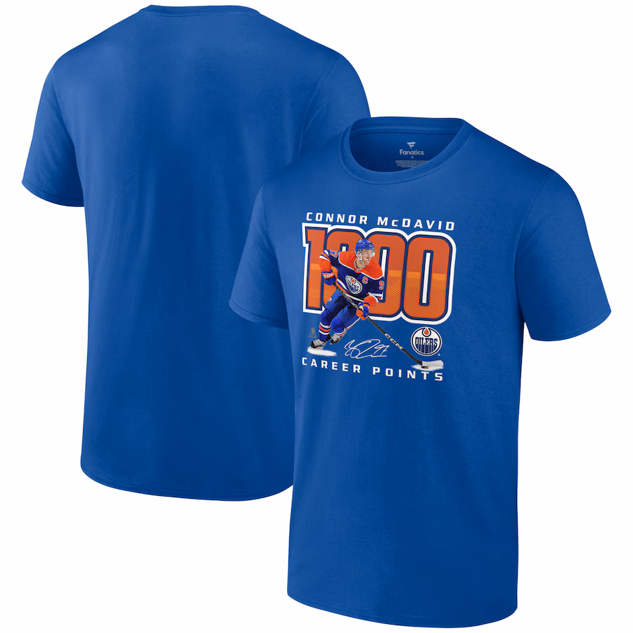 Men's Edmonton Oilers Connor McDavid Royal 1,000 Career Points T-Shirt