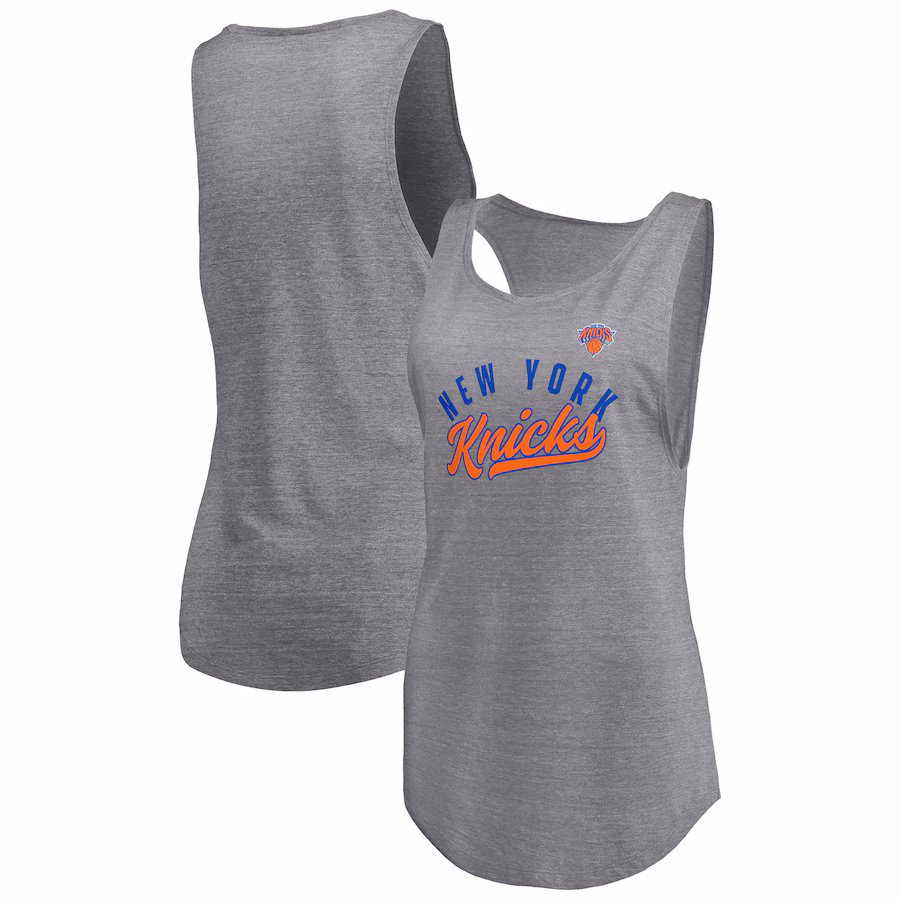 Women's New York Knicks Fanatics Heathered Gray Quality Time Open Scoop Neck Tri-Blend Tank Top