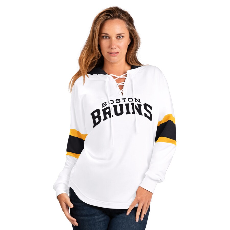 Women's Boston Bruins G-III 4Her by Carl Banks White Goal Zone Long Sleeve Lace-Up Hoodie T-Shirt