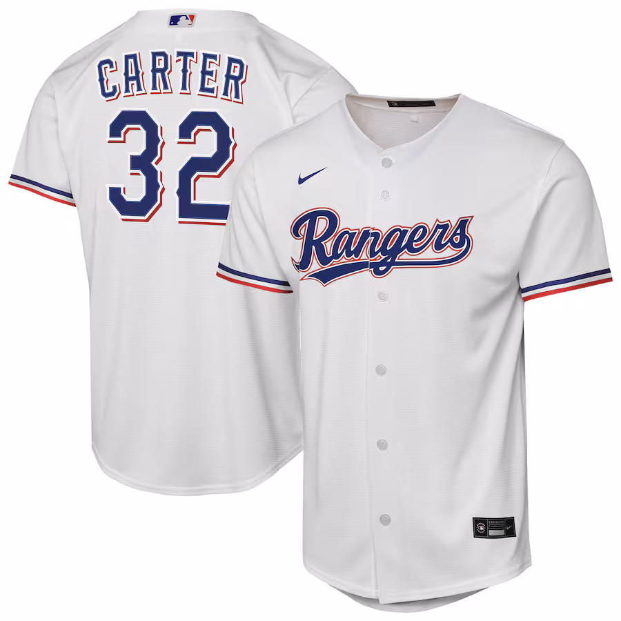 Youth Texas Rangers Evan Carter Nike White Home Replica Player Jersey