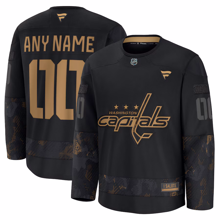 Men's Washington Capitals Fanatics Black 2024 Military Appreciation Personalized Long Sleeve Practice Jersey