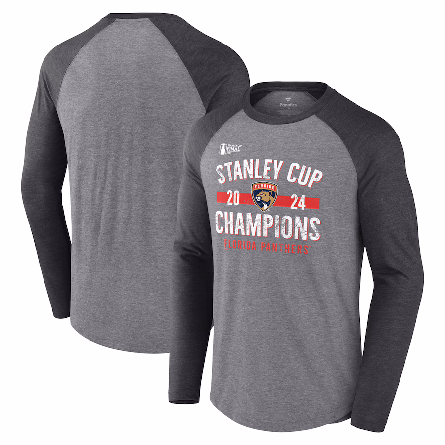 Men's Florida Panthers Fanatics Heather Gray 2024 Stanley Cup Champions Throwback Tri-Blend Raglan Long Sleeve T-Shirt