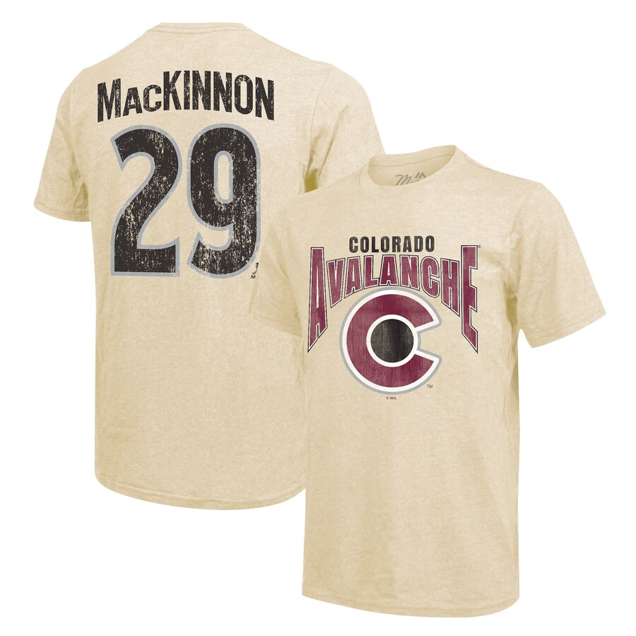 Men's Colorado Avalanche Nathan MacKinnon Majestic Threads Cream Dynasty Name & Number Tri-Blend T-Shirt