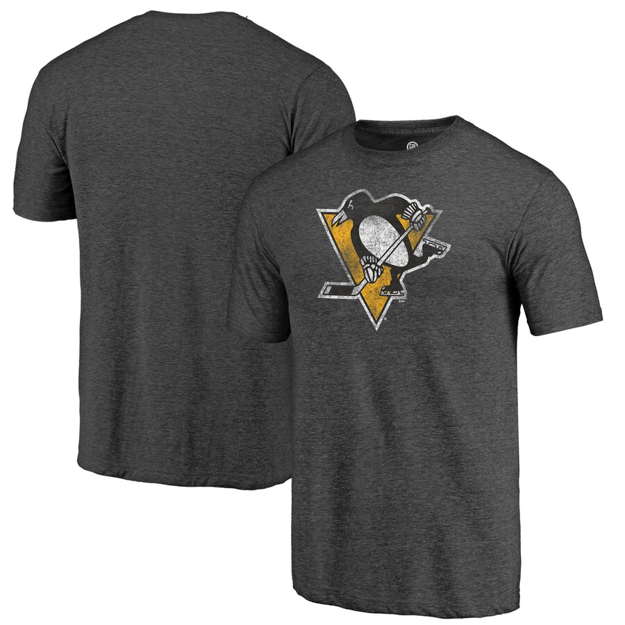 Men's Pittsburgh Penguins Charcoal Distressed Logo Tri-Blend T-Shirt