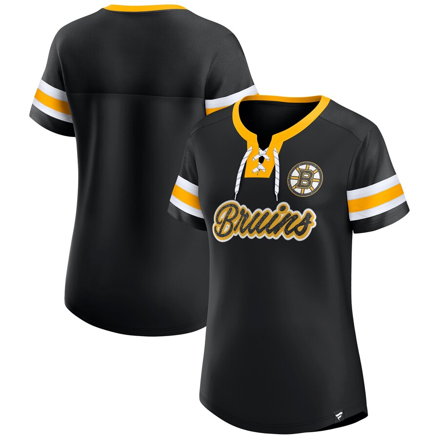 Women's Boston Bruins Fanatics Black Iconic Athena Lace-Up T-Shirt