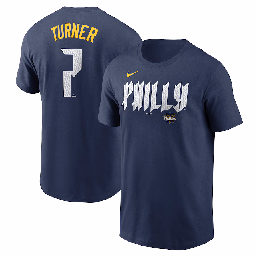Men's Philadelphia Phillies Trea Turner Nike Royal 2024 City Connect Fuse Name & Number T-Shirt