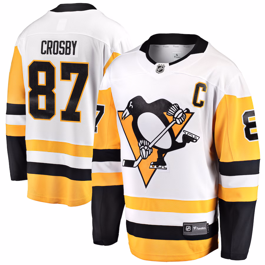 Men's Pittsburgh Penguins Sidney Crosby Fanatics White Captain Away Premier Breakaway Player Jersey